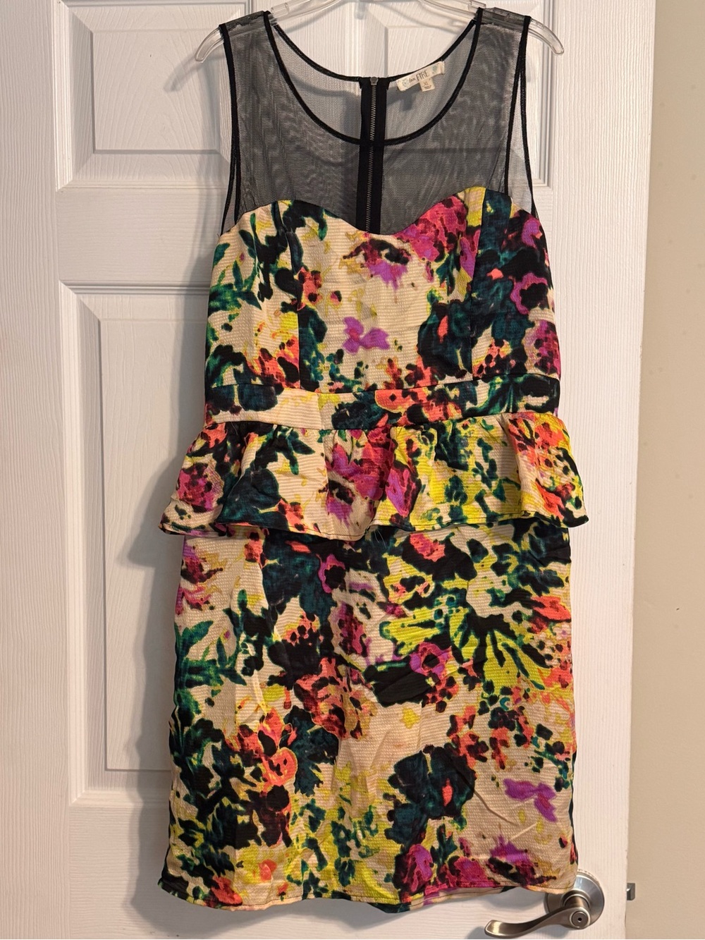 Love, Fire Black Sheer Mesh Top Colorful Floral Fitted Peplum Mini Dress Size XL